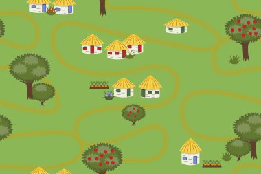 Kırsal alan - evler ve ağaçlar, pürüzsüz desen