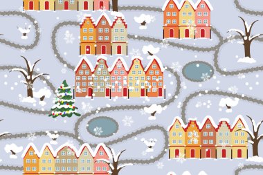 Evleri ve ağaçları olan kış manzarası, pürüzsüz desenler.