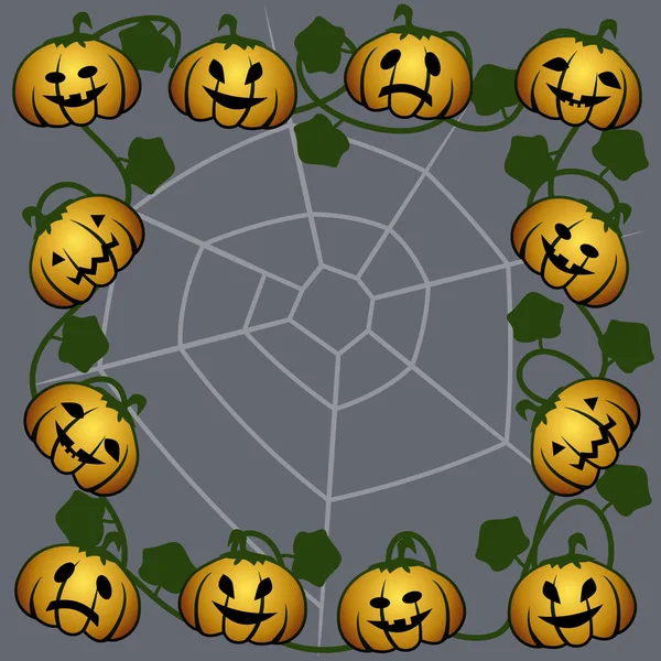 Vierkant Frame Met Pompoen Spinnenwebben Grijze Achtergrond — Stockvector
