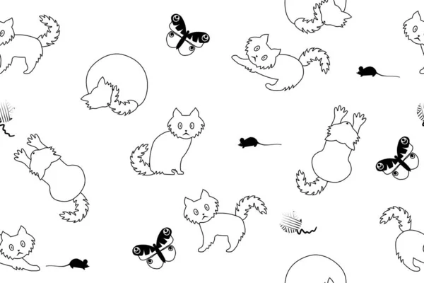 Котята Игрушки Бабочки Клубки Мыши Бесшовный Узор Белом Фоне — стоковый вектор