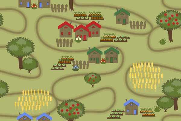 Paisaje Rural Con Casas Madera Camas Campos Patrón Sin Costuras — Vector de stock