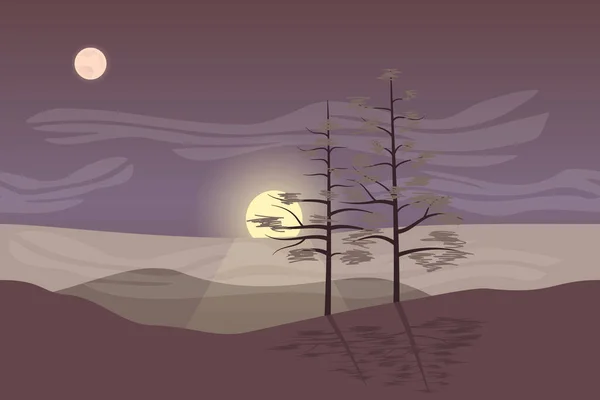 Minimalistische Landschaft Zwei Bäume Sonne Und Mond Stockillustration