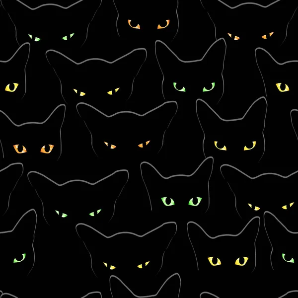 Muchos Gatos Negros Miran Con Ojos Brillantes Patrón Vector Sin — Vector de stock