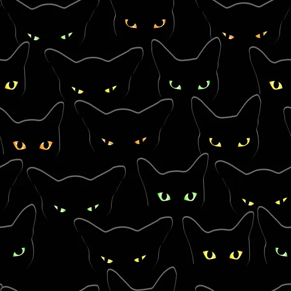 Viele Schwarze Katzen Sehen Mit Leuchtenden Augen Aus Nahtloses Vektormuster Stockillustration
