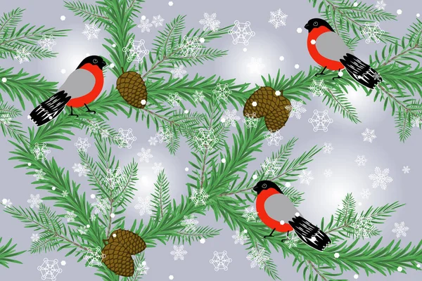 Inverno Nevicate Bullfinches Mangiare Bacche Sorbo Modello Vettoriale Senza Soluzione — Vettoriale Stock