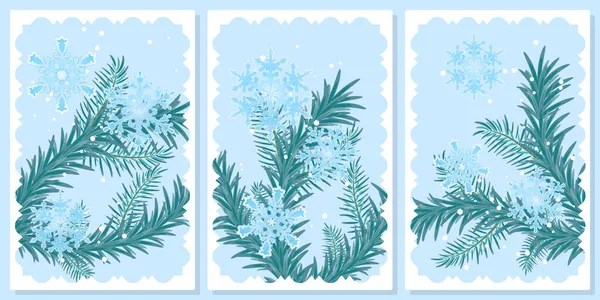 モミの枝と壁のフレームプリント キャンバスプリント ポスター 家の装飾のための美しい大きな雪のフレークとフレーム — ストックベクタ