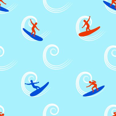 Dalgalar üzerinde minimalist, pürüzsüz vektör deseni sörfçüleri