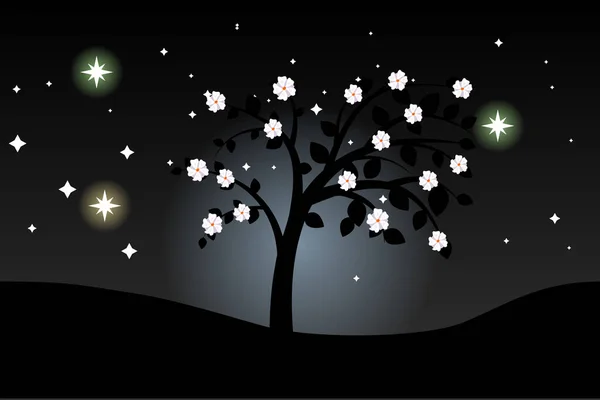 Árbol Floreciente Cielo Estrellado — Vector de stock