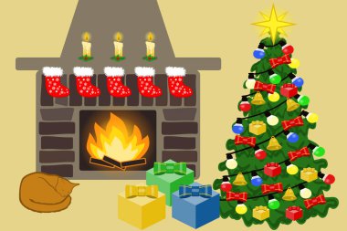 Noel ağacı, hediyeler, şömine ve uyuyan kediyle illüstrasyon