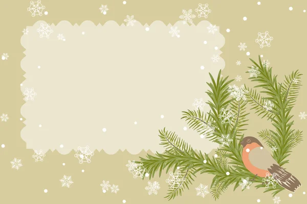 Weihnachtskarte Mit Baum Gimpel Und Schneeflocken Platz Für Text — Stockvektor