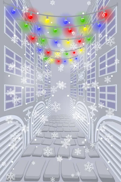 Invierno Ciudad Navidad Con Luces Festivas — Vector de stock