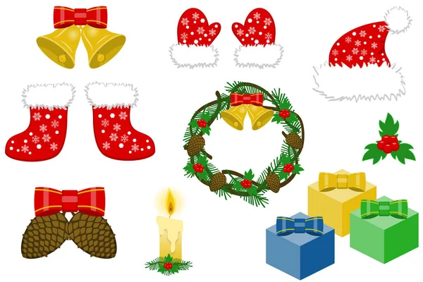 Vereinzelte Weihnachtsobjekte Auf Weißem Hintergrund Stiefel Handschuhe Hut Kranz Zapfen — Stockvektor
