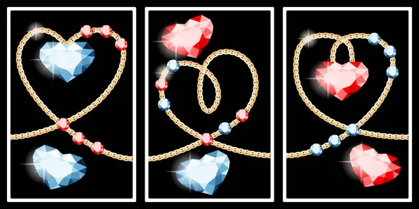 Frames Red Blue Heart Shaped Gems Gold Chains Wall Art — Stock Vector