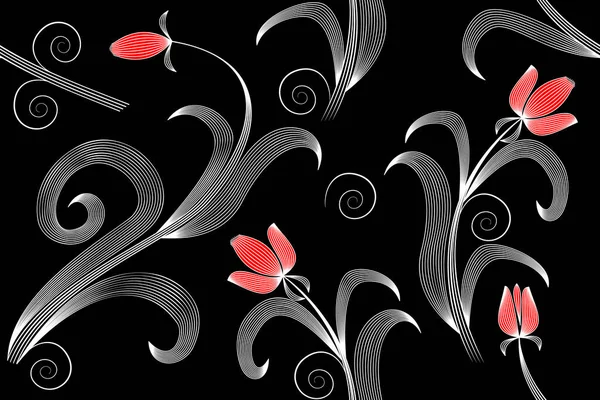 Fleurs Ornement Noir Rouge Blanc Partir Lignes Motif Sans Couture — Image vectorielle