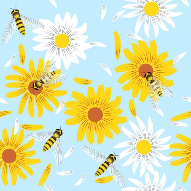 Açık mavi arka planda beyaz ve sarı çiçeklerin ve arıların kusursuz deseni