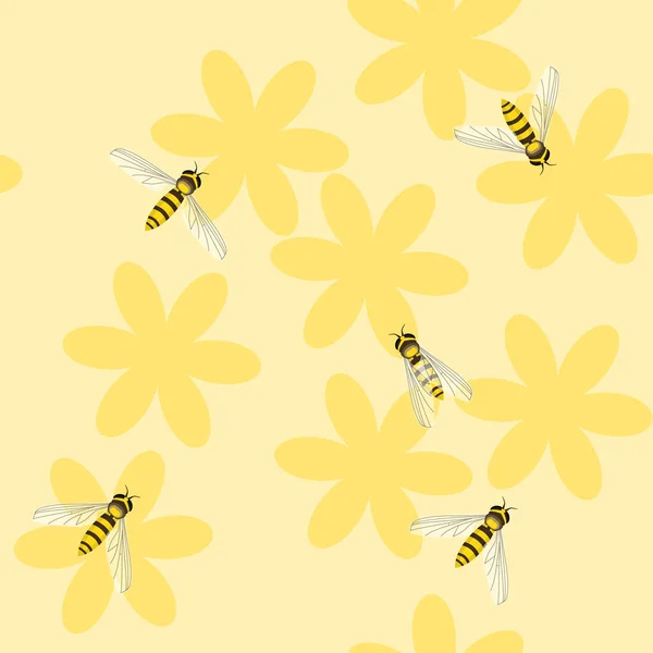 Bienen Und Einfache Gelbe Blüten Nahtloses Vektormuster — Stockvektor