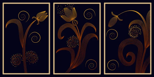 Πλαίσια Χρυσά Λουλούδια Μαύρο Φόντο Για Κορνίζες Τοίχων Καμβά Αφίσα — Διανυσματικό Αρχείο