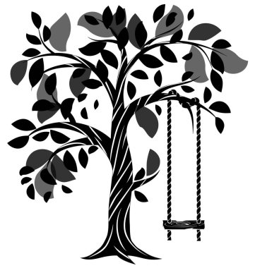 İp salıncaklı siyah beyaz ağaç, beyaz arka planda izole edilmiş çizim