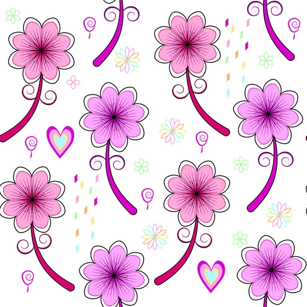 Cartoon Pink Purple Flowers White Background Seamless Vector Pattern — Stock Vector