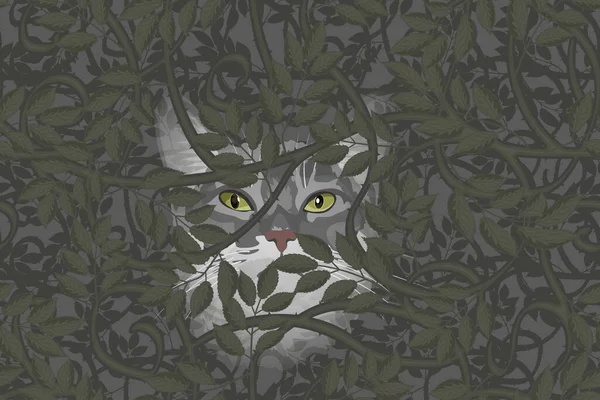 Gato Con Ojos Verdes Matorral Arbustos Patrón Vector Sin Costuras — Vector de stock