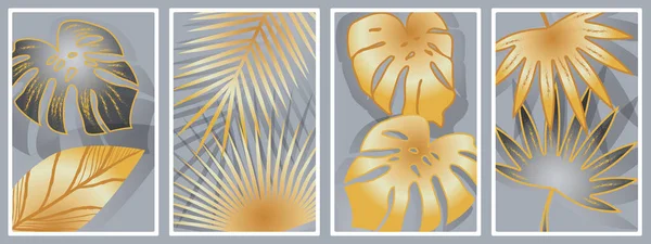 Frames Met Gouden Tropische Plantenbladeren Grijze Ondergrond Voor Muuringelijste Prints — Stockvector