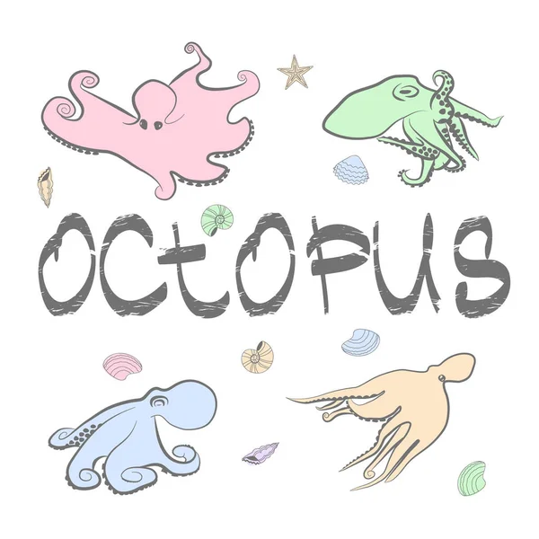 Kleurrijke Octopussen Schelpen Octopus Tekst Witte Achtergrond Vectorillustratie — Stockvector