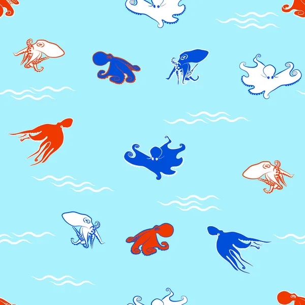 Cartoon Octopuses Waves Light Blue Background Seamless Pattern — Stock Vector