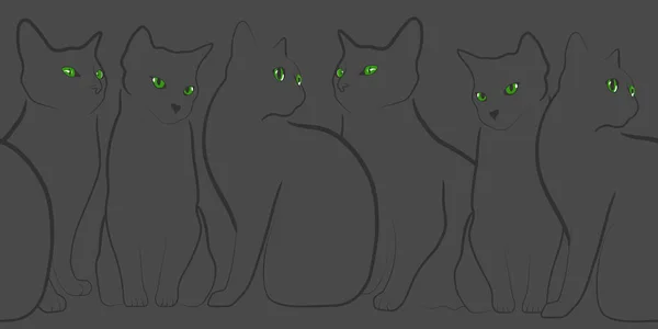 Several Black Green Eyed Cats Black Background — стоковый вектор