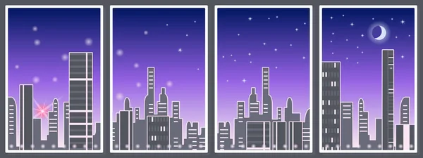 Frames Panorama Big City High Rise Buildings Rising Sun Moon — Stock Vector