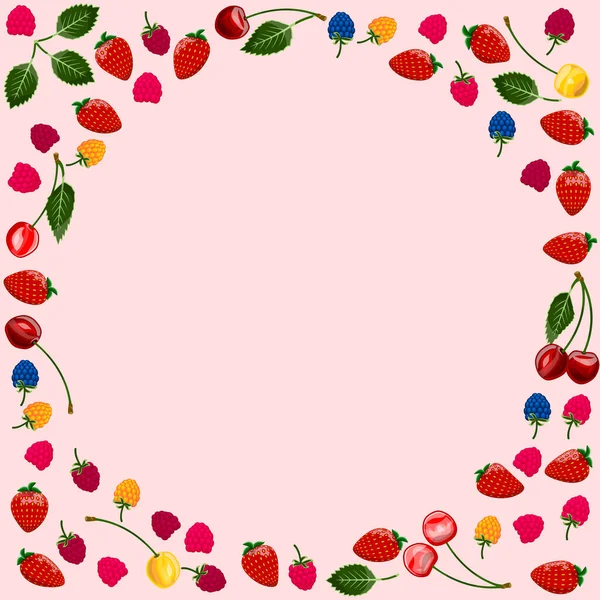Square Frame Different Summer Berries Light Pink Background — Vector de stock