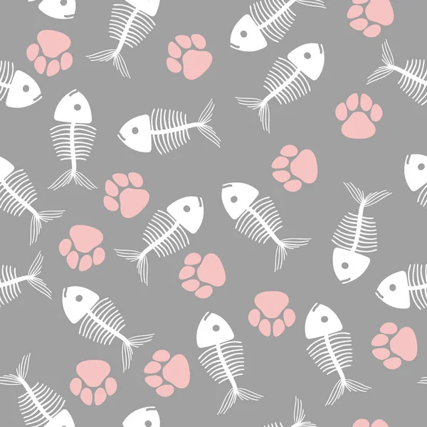 Simple Minimalistic Pattern Cat Paws Skeletons Fish Gentle Blue Background — Stockvector