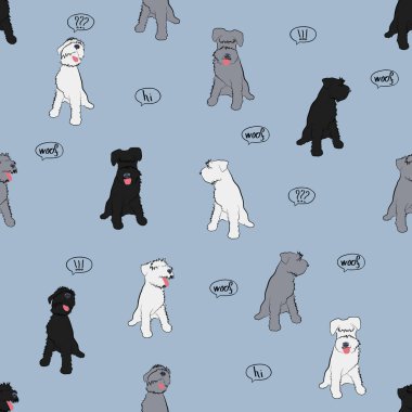 Mavi arka planda çizgi filmdeki tüylü köpekler, kusursuz vektör deseni