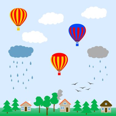 Minimalist manzara - bulutlar, yağmur, uçan kuş, sıcak hava balonları, ağaçlar ve evler