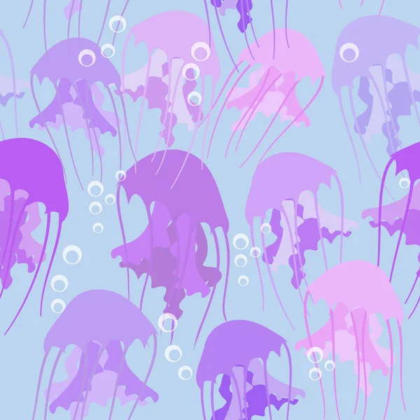 Transparent Light Purple Pink Jellyfish Blue Water Air Bubbles Seamless — стоковый вектор