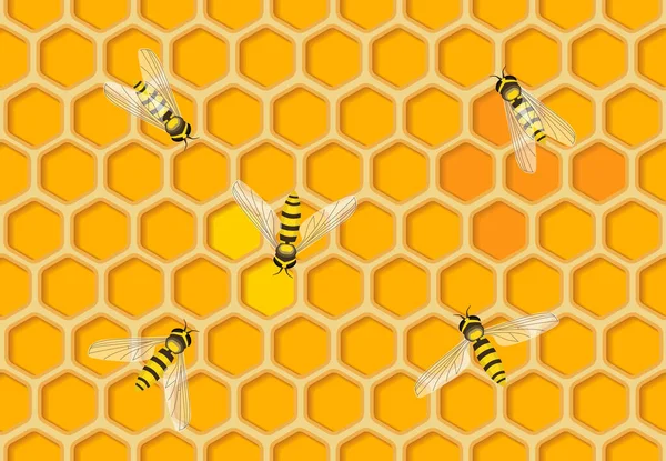 Honeycombs Honey Bees Vector Seamless Pattern — Stockvector