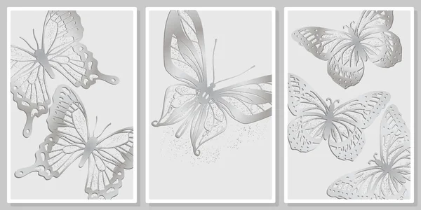 Openwork Silver Butterflies Light Gray Background Wall Art Vector Set — Vector de stock