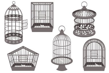 Set of different bird cages on white background