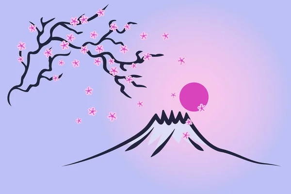 Μινιμαλιστικό Ανοιξιάτικο Τοπίο Ιαπωνικό Στυλ Κλαδί Δέντρου Λουλούδια Βουνό Ήλιο — Διανυσματικό Αρχείο