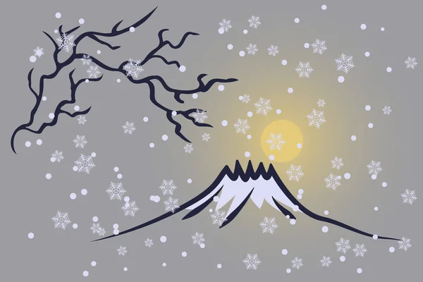 Minimalistic Winter Landscape Japanese Style Tree Branch Falling Snowflakes Mountain — 图库矢量图片