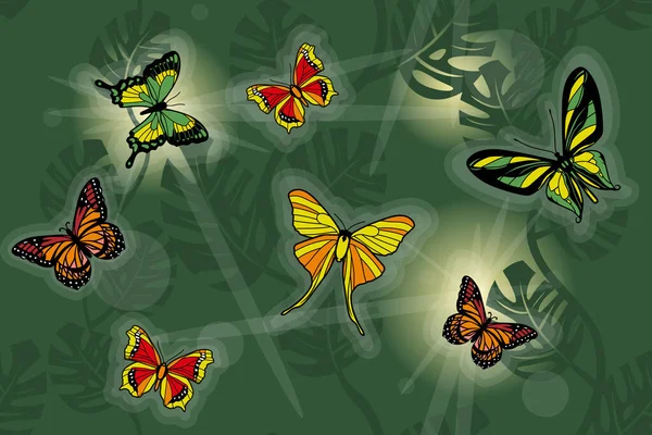 Butterflies Jungle Rays Light — Vetor de Stock