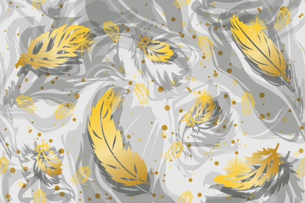 Gold Feathers Glitter Light Gray Background Seamless Pattern — Stockvektor