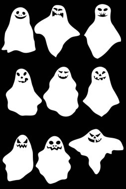 Siyah arkaplanda birkaç çizgi film hayaleti, vektör görüntüsü