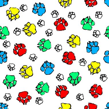 Çok renkli köpek pençesi izleri, parlak el çizimi vektör deseni