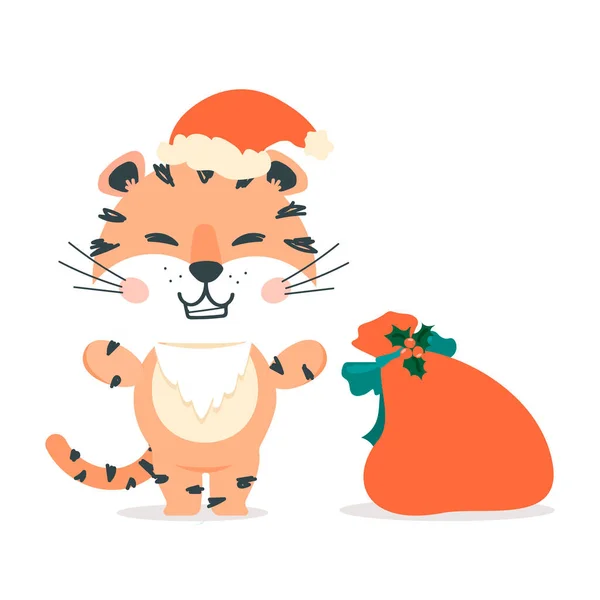 Tiger Santa mit Weihnachtstasche Vektor Clip Art — Stockvektor