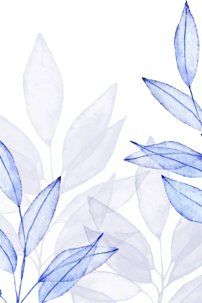 Transparent blue leaves watercolor drawn card design — 图库照片#