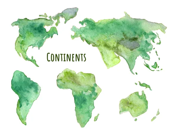 Samostatné zelené kontinenty ručně kreslené akvarel set — Stock fotografie