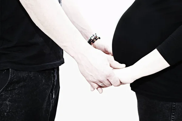 Young Couple Holding Hands Expecting Child Woman Months Pregnant Holding — Stock Photo, Image