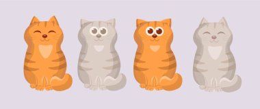 Çizgi film tarzı, tek renkli arka planda bir grup mutlu kedi. Turuncu ve gri şirin kedi..