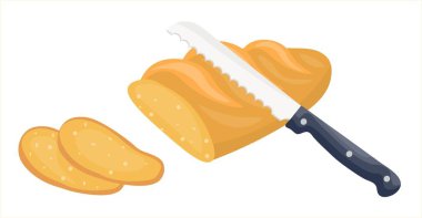 Karikatür düz stil. Vektör çizimi. Dilimlenmiş somun dilimleri. Ekmek bıçağı ile kesilmiş.