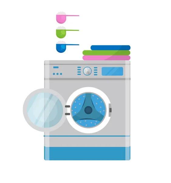 Máquina de lavar roupa aberta em um fundo isolado em estilo plano de desenhos animados, colheres de pó —  Vetores de Stock